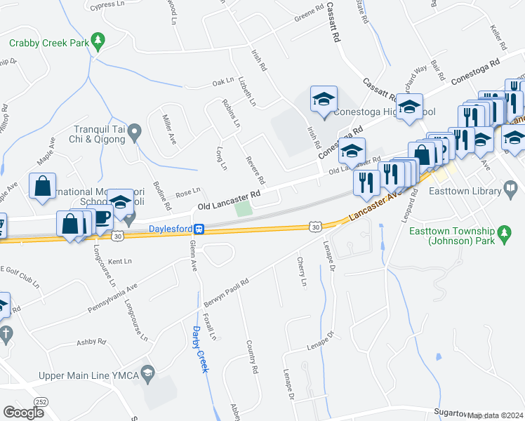 map of restaurants, bars, coffee shops, grocery stores, and more near 59 Orchard Lane in Berwyn