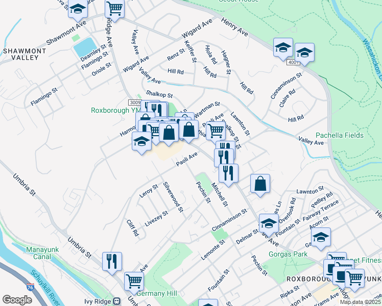 map of restaurants, bars, coffee shops, grocery stores, and more near 480 Paoli Avenue in Philadelphia