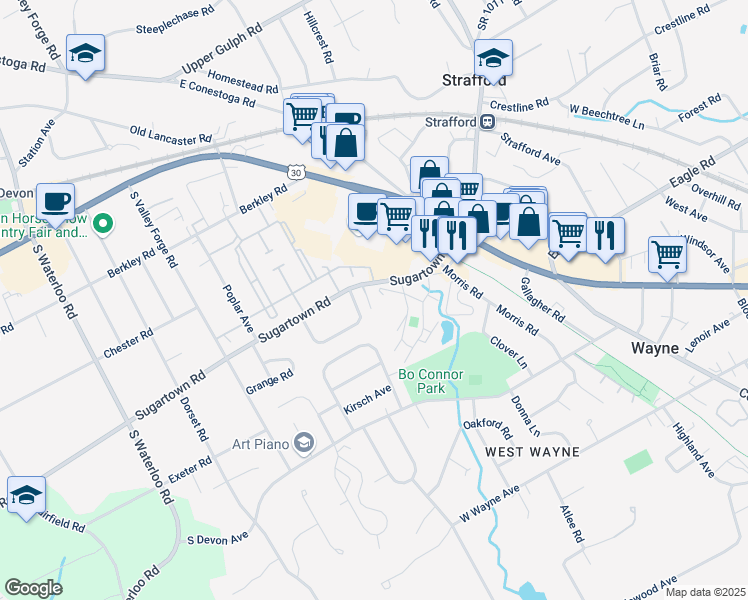 map of restaurants, bars, coffee shops, grocery stores, and more near 289 Sugartown Road in Wayne