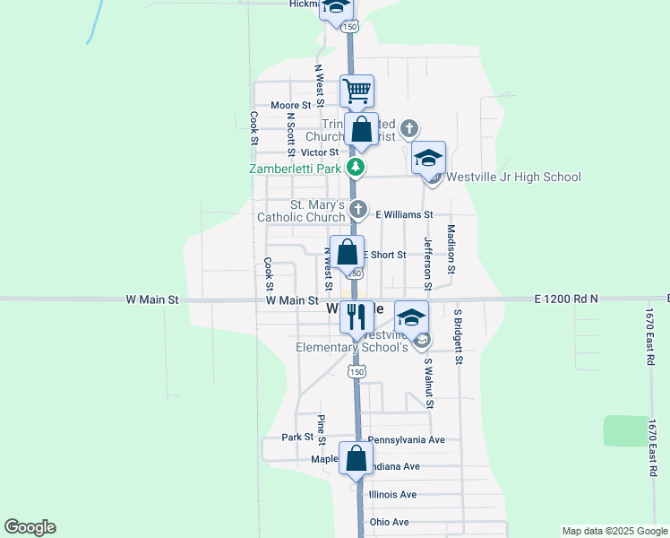 map of restaurants, bars, coffee shops, grocery stores, and more near 148 North State Street in Westville