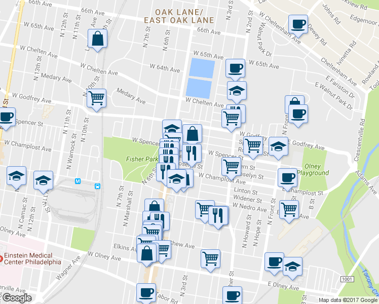 map of restaurants, bars, coffee shops, grocery stores, and more near 410 West Spencer Street in Philadelphia