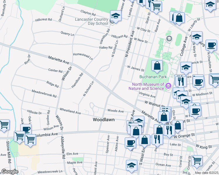 map of restaurants, bars, coffee shops, grocery stores, and more near 1109 Marietta Avenue in Lancaster