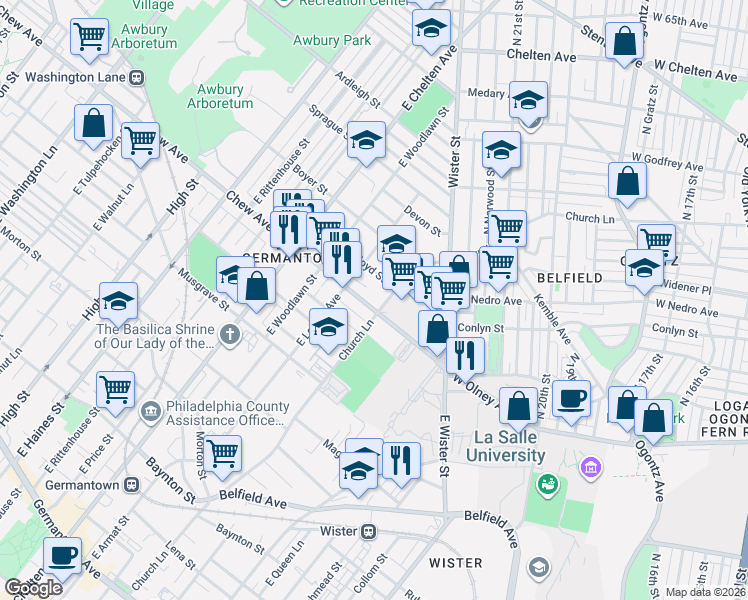 map of restaurants, bars, coffee shops, grocery stores, and more near 5533 Crowson Street in Philadelphia