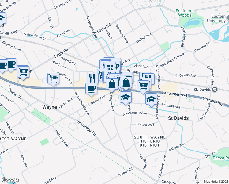 map of restaurants, bars, coffee shops, grocery stores, and more near 118 West Lancaster Avenue in Wayne