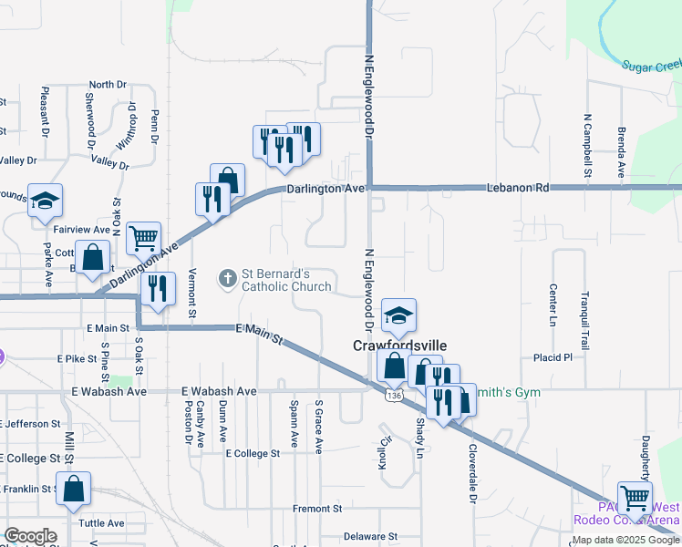 map of restaurants, bars, coffee shops, grocery stores, and more near 1510 Woodside Drive in Crawfordsville