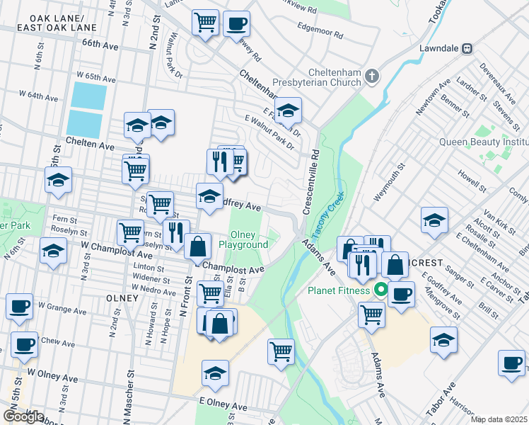 map of restaurants, bars, coffee shops, grocery stores, and more near 155 East Godfrey Avenue in Philadelphia