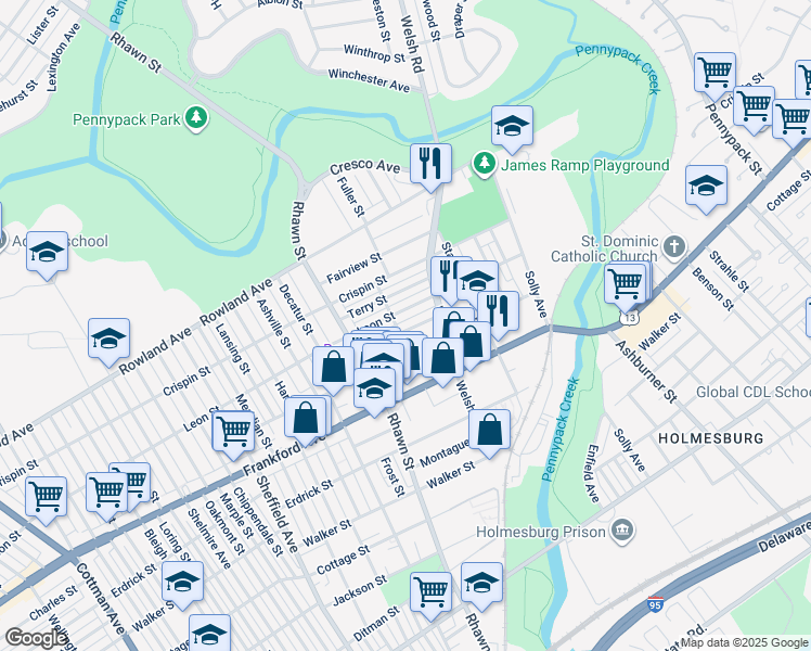 map of restaurants, bars, coffee shops, grocery stores, and more near 8108 Moro Street in Philadelphia