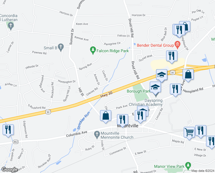 map of restaurants, bars, coffee shops, grocery stores, and more near 3624 Orkney Road in Mountville