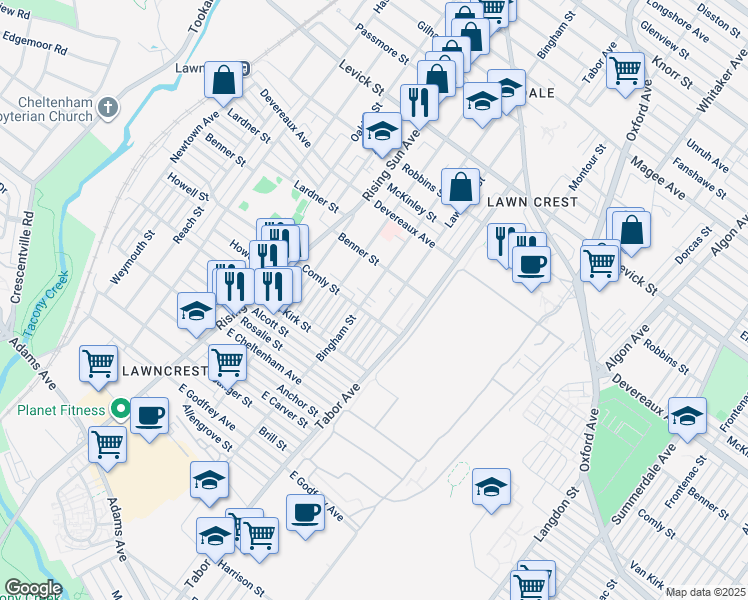 map of restaurants, bars, coffee shops, grocery stores, and more near 6007 Bingham Street in Philadelphia