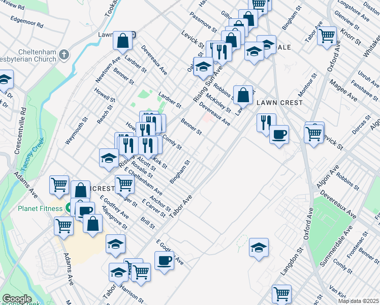 map of restaurants, bars, coffee shops, grocery stores, and more near 6000 Bingham Street in Philadelphia