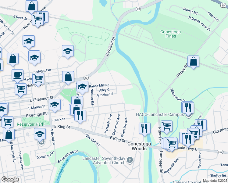 map of restaurants, bars, coffee shops, grocery stores, and more near 1151 Jamaica Road in Lancaster