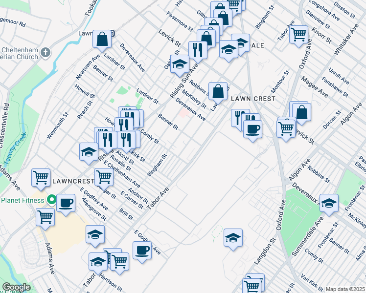 map of restaurants, bars, coffee shops, grocery stores, and more near 6032 Lawndale Avenue in Philadelphia
