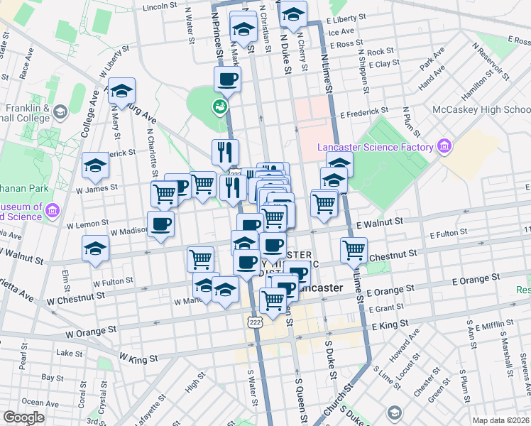 map of restaurants, bars, coffee shops, grocery stores, and more near 342 North Queen Street in Lancaster