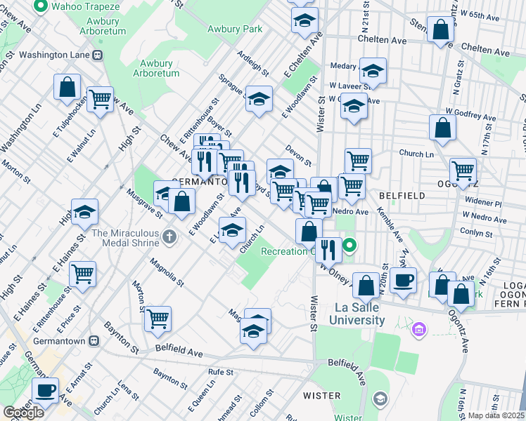 map of restaurants, bars, coffee shops, grocery stores, and more near 5513 Chew Avenue in Philadelphia