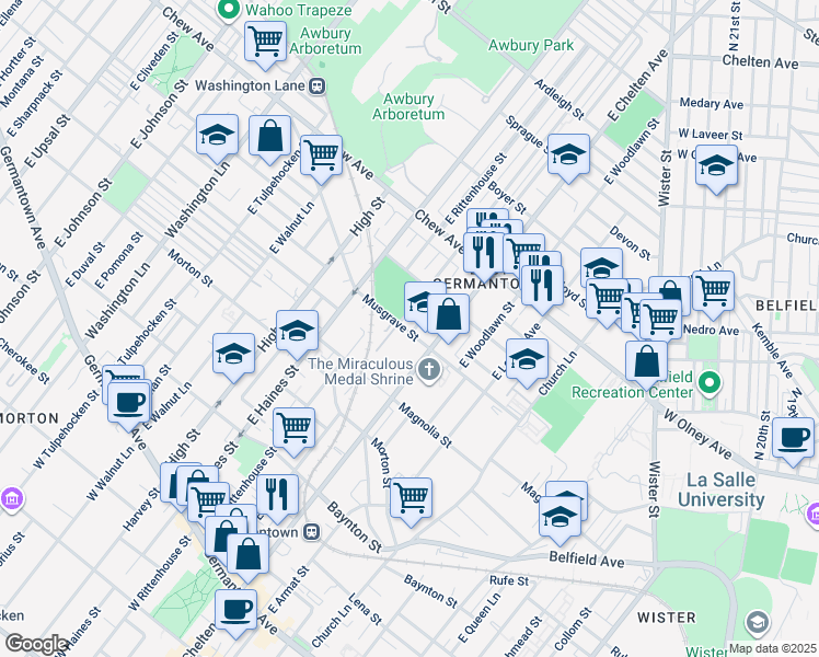 map of restaurants, bars, coffee shops, grocery stores, and more near 601 East Stafford Street in Philadelphia
