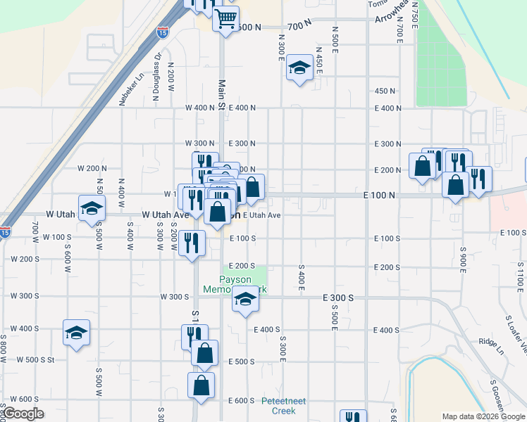 map of restaurants, bars, coffee shops, grocery stores, and more near 197 East Utah Avenue in Payson