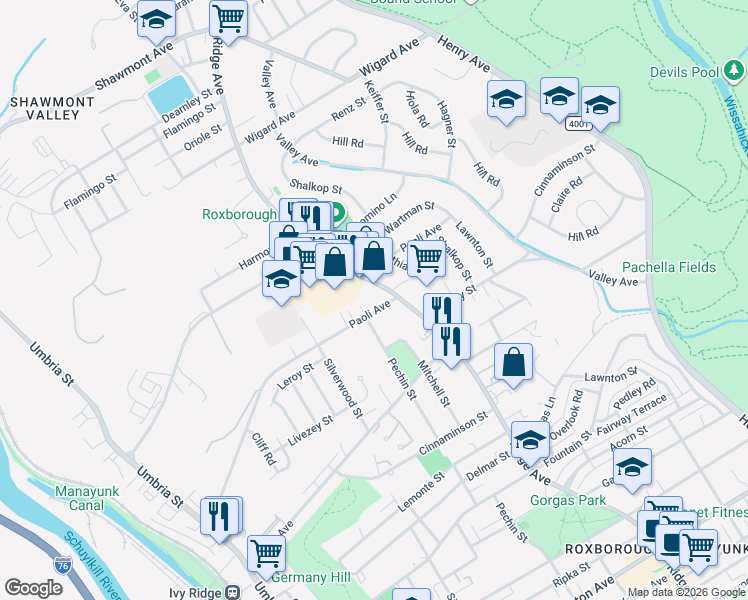 map of restaurants, bars, coffee shops, grocery stores, and more near 7014 Ridge Avenue in Philadelphia