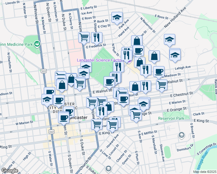 map of restaurants, bars, coffee shops, grocery stores, and more near 319 East Walnut Street in Lancaster