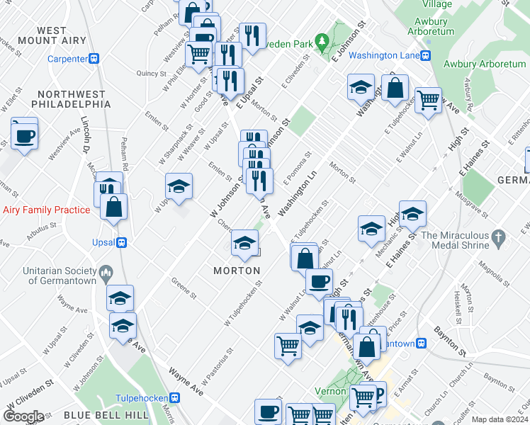 map of restaurants, bars, coffee shops, grocery stores, and more near 6320 Germantown Avenue in Philadelphia