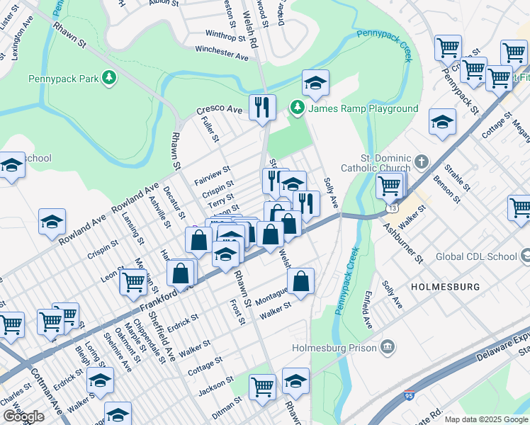 map of restaurants, bars, coffee shops, grocery stores, and more near 3528 Welsh Road in Philadelphia