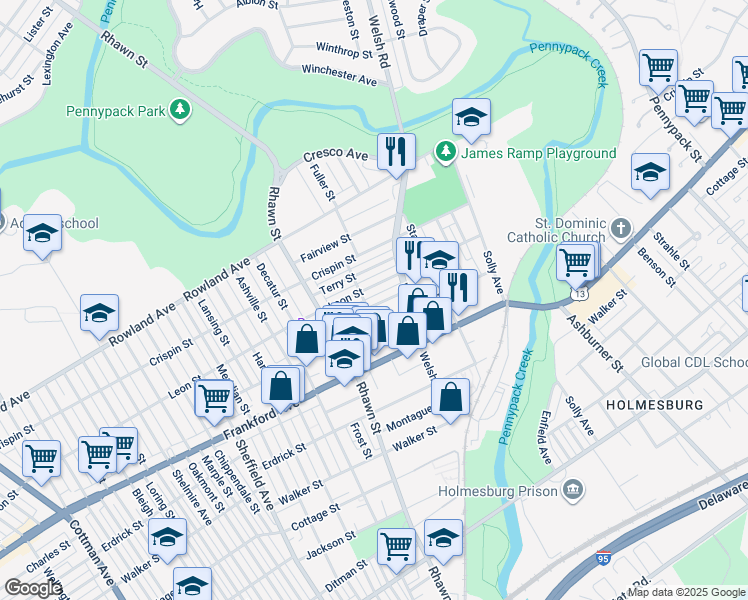 map of restaurants, bars, coffee shops, grocery stores, and more near 8108 Moro Street in Philadelphia