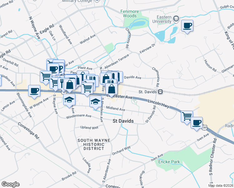 map of restaurants, bars, coffee shops, grocery stores, and more near 319 East Lancaster Avenue in Wayne