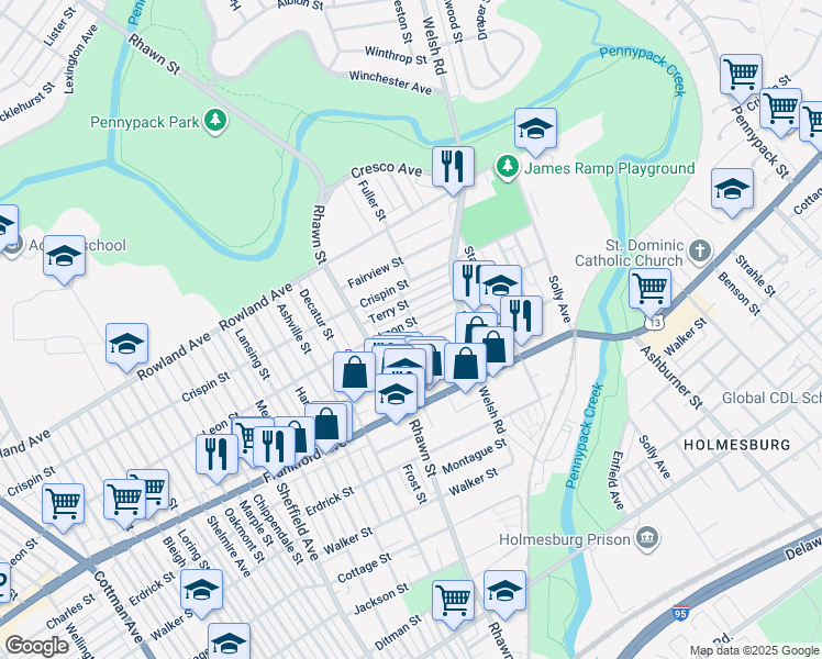 map of restaurants, bars, coffee shops, grocery stores, and more near 8049 Leon Street in Philadelphia