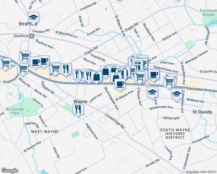 map of restaurants, bars, coffee shops, grocery stores, and more near 102 Bloomingdale Avenue in Wayne