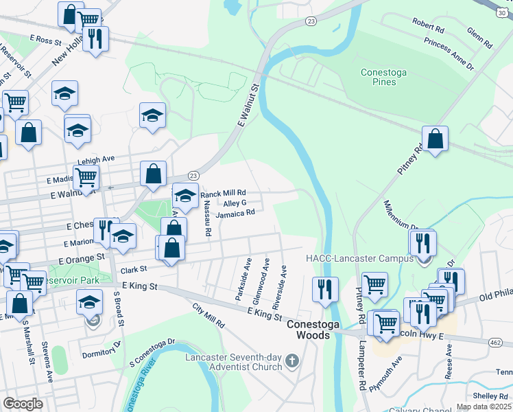 map of restaurants, bars, coffee shops, grocery stores, and more near 1151 Jamaica Road in Lancaster