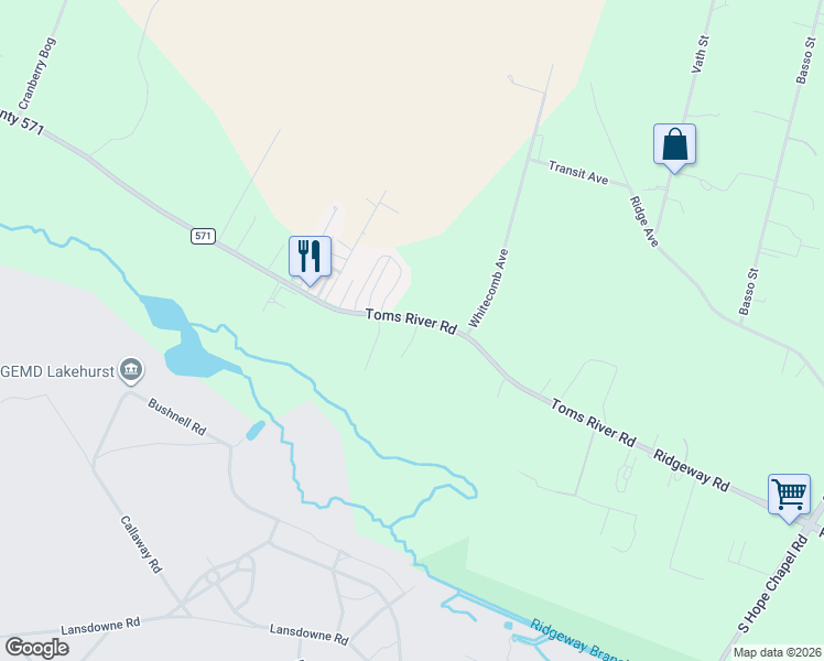 map of restaurants, bars, coffee shops, grocery stores, and more near 1352 Toms River Road in Jackson Township