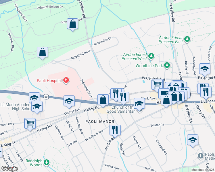map of restaurants, bars, coffee shops, grocery stores, and more near 11 North Cedar Hollow Road in Paoli