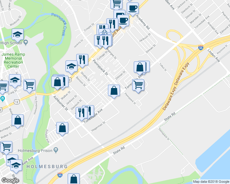 map of restaurants, bars, coffee shops, grocery stores, and more near 4635 Kendrick Street in Philadelphia