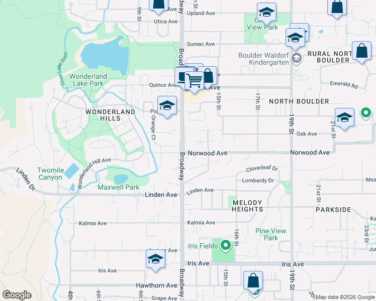 map of restaurants, bars, coffee shops, grocery stores, and more near in Boulder