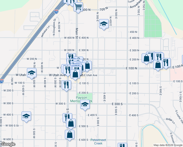 map of restaurants, bars, coffee shops, grocery stores, and more near 45 North 300 East in Payson