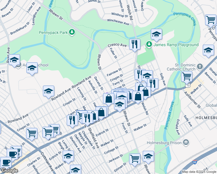 map of restaurants, bars, coffee shops, grocery stores, and more near 3411 Rhawn Street in Philadelphia