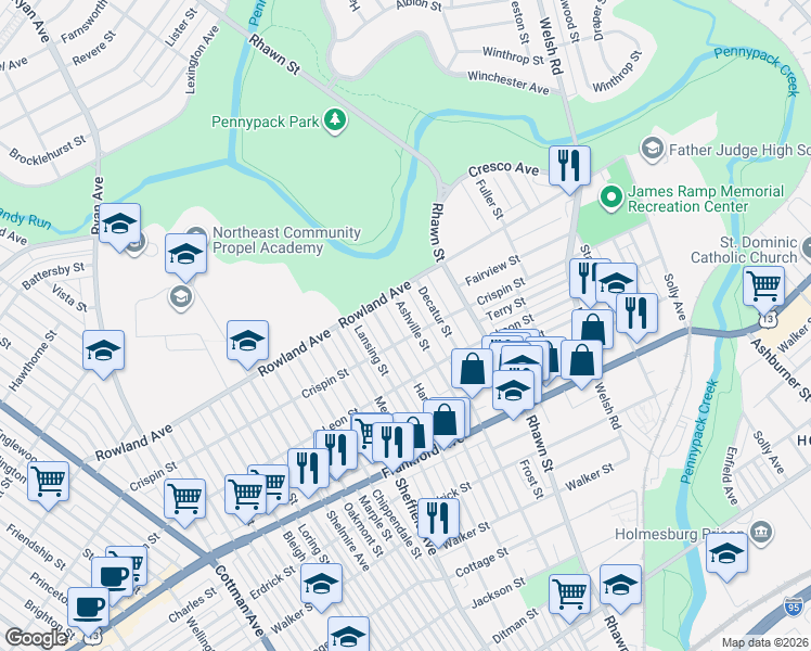 map of restaurants, bars, coffee shops, grocery stores, and more near 3334 Ashville Street in Philadelphia