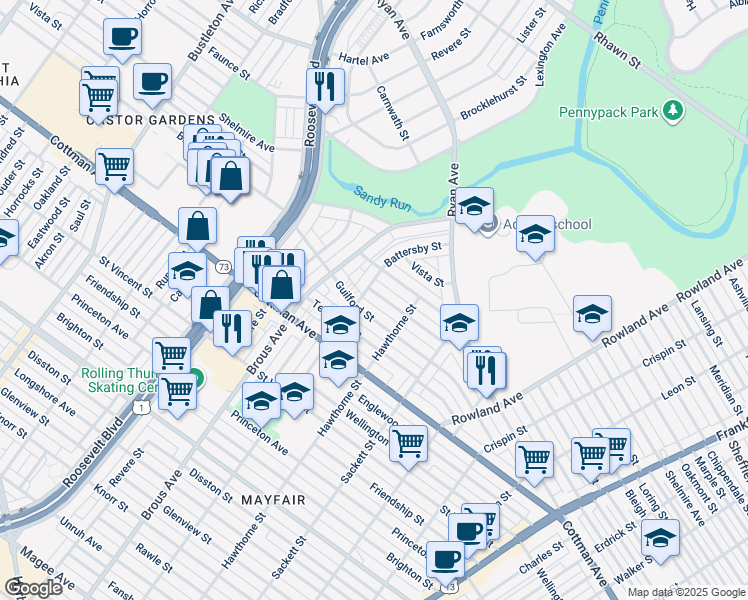 map of restaurants, bars, coffee shops, grocery stores, and more near 3008 Windish Street in Philadelphia
