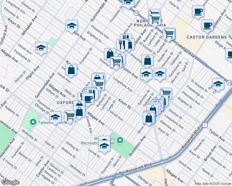 map of restaurants, bars, coffee shops, grocery stores, and more near 6820 Large Street in Philadelphia
