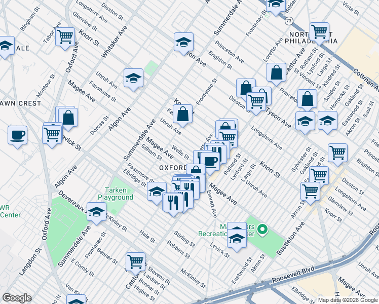 map of restaurants, bars, coffee shops, grocery stores, and more near 1343 Fanshawe Street in Philadelphia