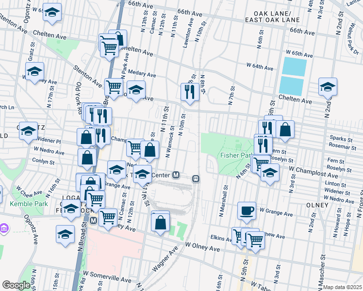 map of restaurants, bars, coffee shops, grocery stores, and more near 6017 North 10th Street in Philadelphia