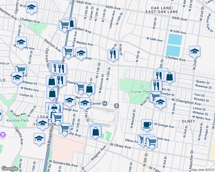 map of restaurants, bars, coffee shops, grocery stores, and more near 6017 North 10th Street in Philadelphia
