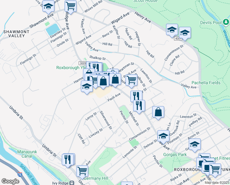 map of restaurants, bars, coffee shops, grocery stores, and more near 6901 Ridge Avenue in Philadelphia