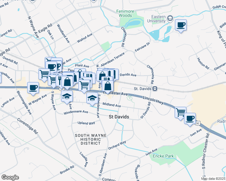 map of restaurants, bars, coffee shops, grocery stores, and more near 319 East Lancaster Avenue in Wayne