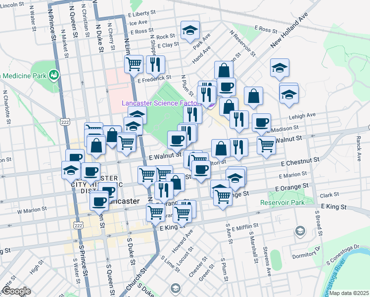 map of restaurants, bars, coffee shops, grocery stores, and more near 331A East Walnut Street in Lancaster