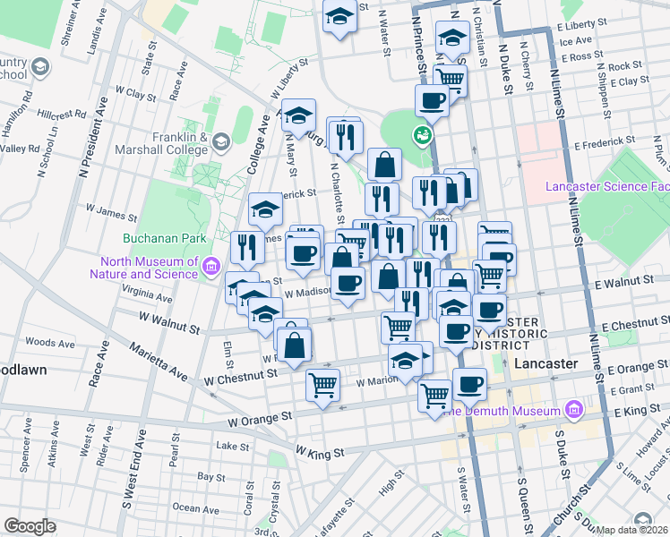 map of restaurants, bars, coffee shops, grocery stores, and more near 351 North Charlotte Street in Lancaster