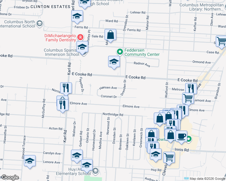 map of restaurants, bars, coffee shops, grocery stores, and more near 1661 Hansen Avenue in Columbus