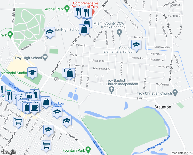 map of restaurants, bars, coffee shops, grocery stores, and more near 555 Staunton Commons Drive in Troy