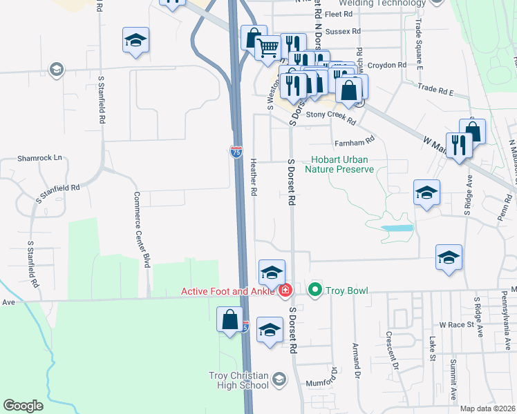 map of restaurants, bars, coffee shops, grocery stores, and more near 108 Heather Road in Troy