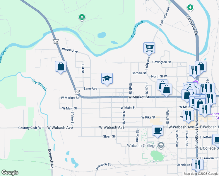 map of restaurants, bars, coffee shops, grocery stores, and more near 1010 Lane Avenue in Crawfordsville