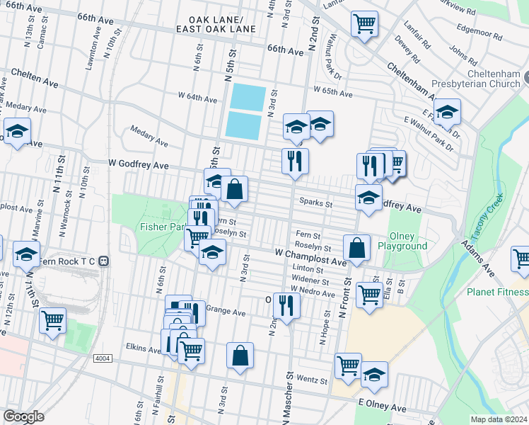 map of restaurants, bars, coffee shops, grocery stores, and more near 253 West Spencer Street in Philadelphia